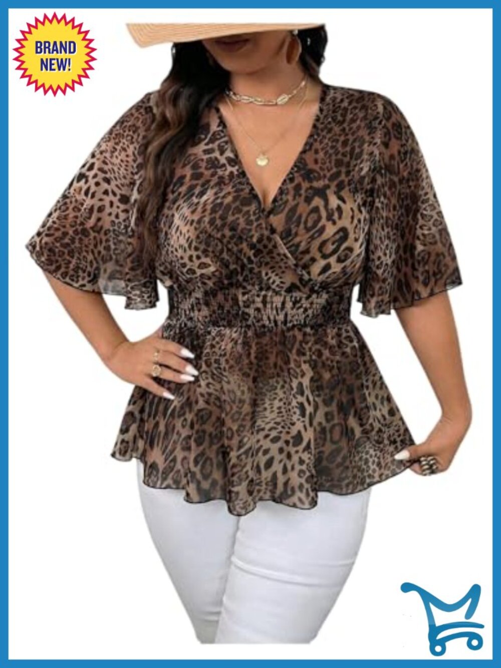 Plus Size Peplum Blouse V Neck Half Sleeve Smocked Ruffle Hem Summer Top